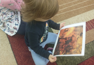 Dziewczynka w czarnej bluzce ogląda na ilustracji wytwory z bursztynu